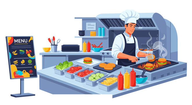 Chef cooking burgers at a restaurant kitchen counter.