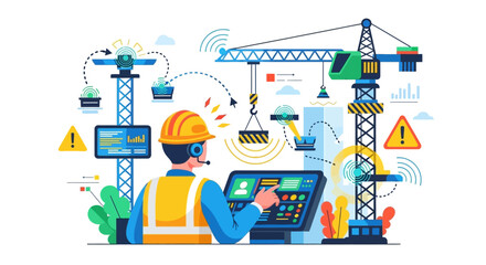 Naklejka premium Construction worker controlling crane with advanced technology.