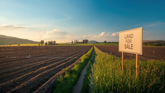 Management of land parcels - real estate idea featuring undeveloped agricultural fields offered for construction, housing development, sale, rental, or investment