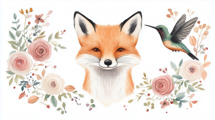 Fototapeta premium Charming illustration of a fox surrounded by flowers, combining wildlife and floral elements for a unique design