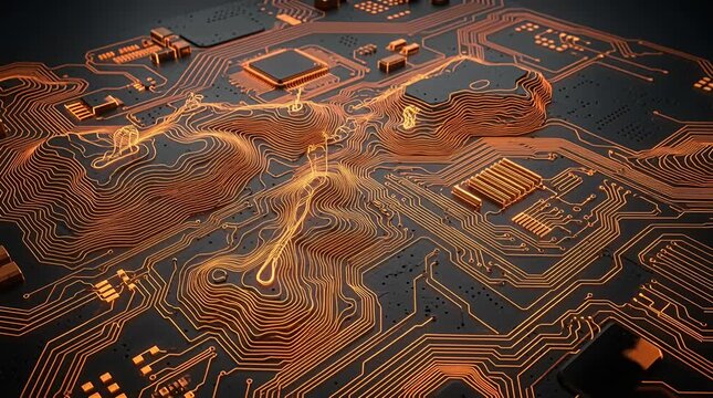 Intricate circuit board pathways glowing with orange light, digital network connections, technology abstract, data flow.