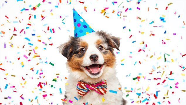 Birthday or carnival portrait of an Australian Shepherd puppy in a blue party hat and bow tie, set against a white background