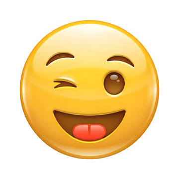 A bright yellow circular face symbol showing a playful expression with one eye closed and tongue sticking out happily today isolated on transparent background