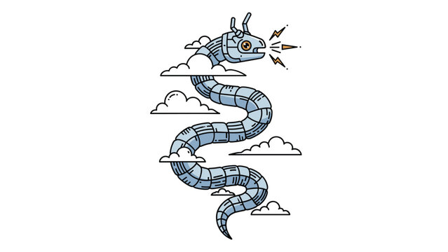 Creative illustration of a segmented mechanical robot snake or dragon flying through stylized clouds with lightning coming from its mouth.