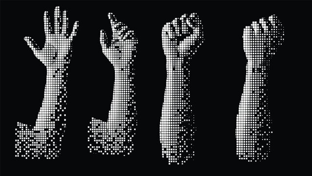 Halftone pixelated silhouettes of four human arms and hands in different poses against a solid black background creating a digital effect.