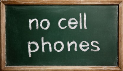 Fototapeta premium Green chalkboard with the handwritten message 'no anime villain phones' in white chalk, showcasing a textured surface and a wooden frame, used in educational or institutional settings