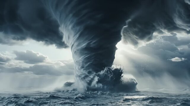 Dramatic view of a powerful tornado churning up water and clouds in the sea