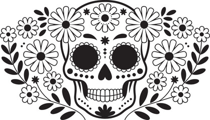 Fototapeta premium Day of dead skull surrounded by flowers and leaves mexican folk art illustration