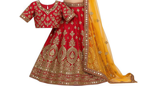 A traditional Indian red and gold lehenga choli on transparent background
