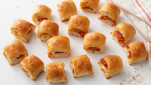 A portion of mini pizza rolls on a white backdrop