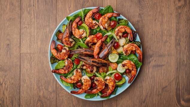 Plate of spicy garlic giant prawns with salad on a wooden surface. Aerial perspective. Empty space available