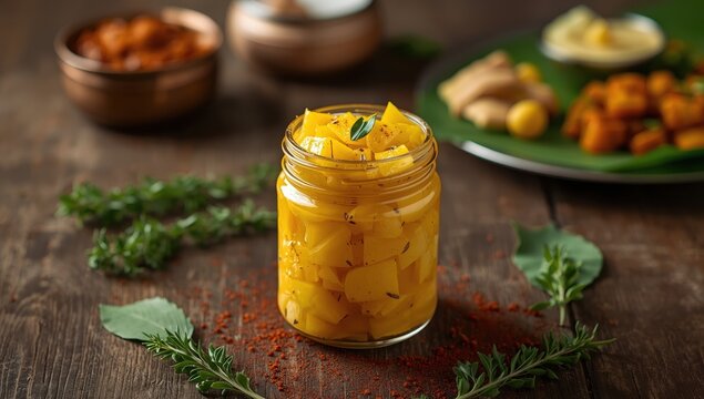 Kadumanga achar. Instant Kerala pickle from chopped totapuri mangoes, mustard leaves, curry leaves, and spices, served in traditional sadya