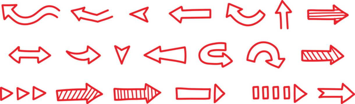 Hand drawn red arrow vector icon set isolated on white background