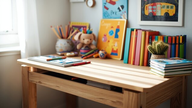 Children's study area featuring art supplies, a cactus, notebooks, and a picture frame. School season