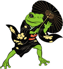 Fototapeta premium Dapper green frog wears black floral kimono holding a dark parasol up.