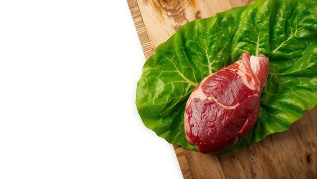 Raw beef heart and lettuce on a wooden surface against a white background, prepared for cooking
