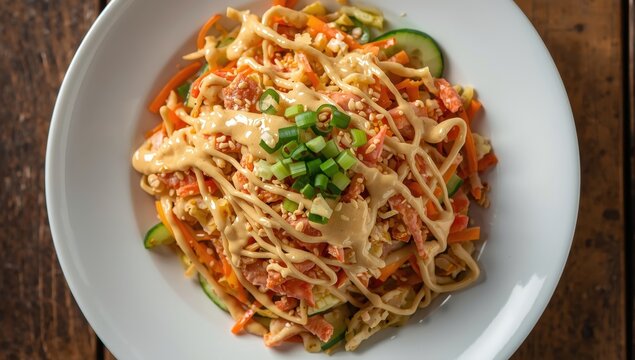 Kani or kanikama salad features a delightful combination of crab, crunchy cucumber, carrots, and spicy mayo, presented in a close-up on a plate. Horizontal overhead shot
