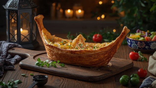 Baked Turkish dish pide, often called Turkish pizza, featuring cheddar and kashar cheese. Cheese-filled pastry known as Kasar Peynirli Pide