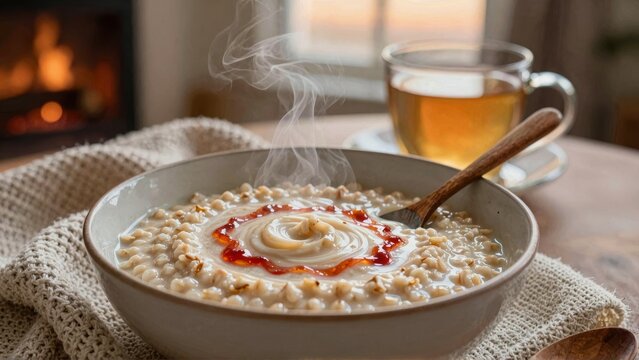 Steaming oatmeal bowl with honey swirl near fireplace