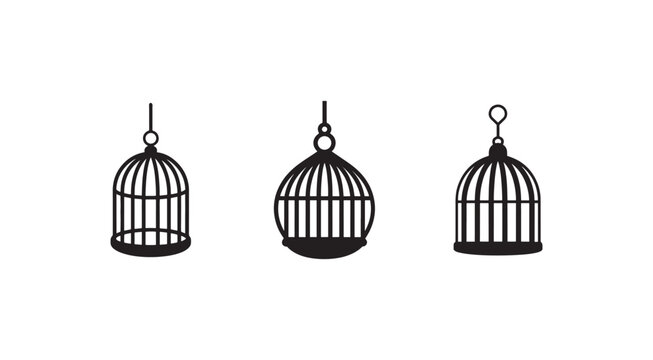 Three hanging empty bird cages with different shapes and designs in black silhouette on white background  birdcage  aviary  cage