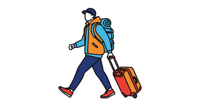 Man walking with travel luggage suitcase.