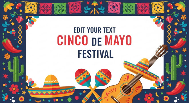 Cinco de mayo festival template with sombreros guitar and maracas on colorful background