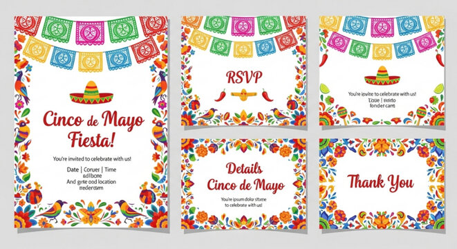 Vibrant cinco de mayo fiesta invitation cards with colorful decorations and traditional mexican elements