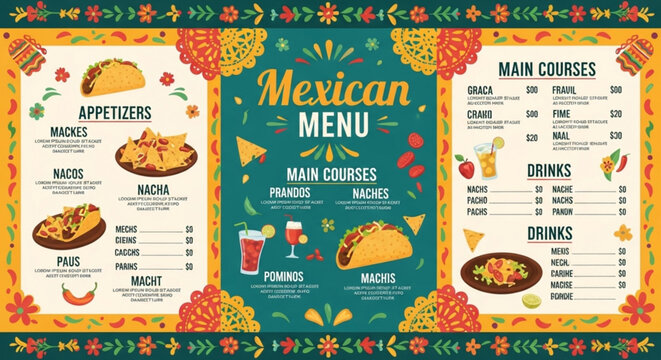 Vibrant mexican restaurant menu board with appetizers main courses and drinks