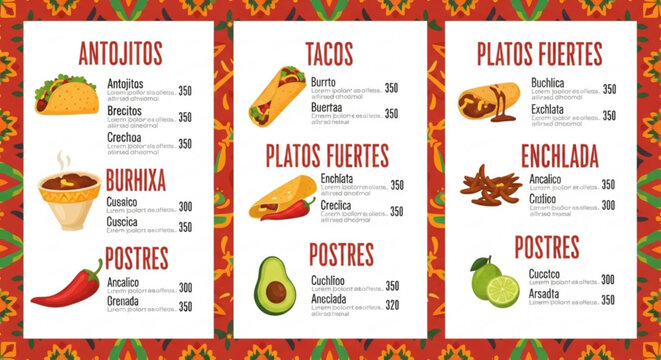 Mexican restaurant menu with tacos burritos and enchiladas on colorful patterned background