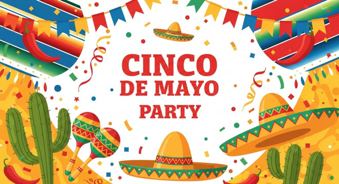 Vibrant cinco de mayo party illustration with sombreros cacti and confetti on yellow background