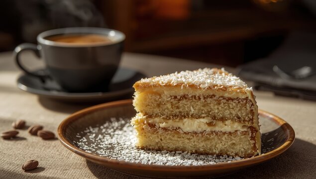 A slice of "Raffaello" cake on a brown dish