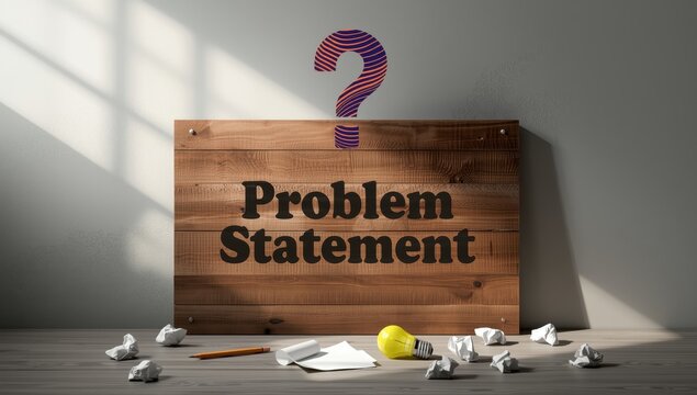 Inquiry symbol and a wooden sign displaying "Problem Statement." Concept of a problem statement