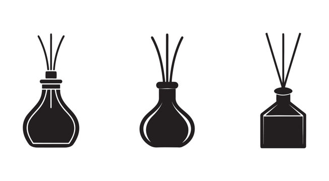 Three reed diffusers in various shapes and sizes with sticks on white background for home fragrance and aromatherapy  simple black silhouettes