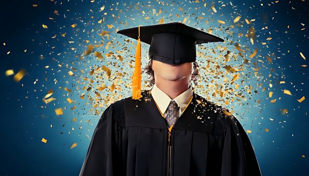 A faceless figure, garbed in graduation attire, stands amidst falling gold confetti against a vibrant blue backdrop