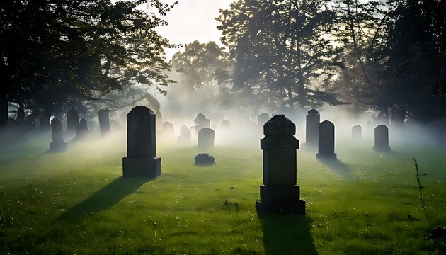A foggy graveyard at dusk. Silhouettes of tombstones are seen emerging from a misty landscape beneath a hazy sky