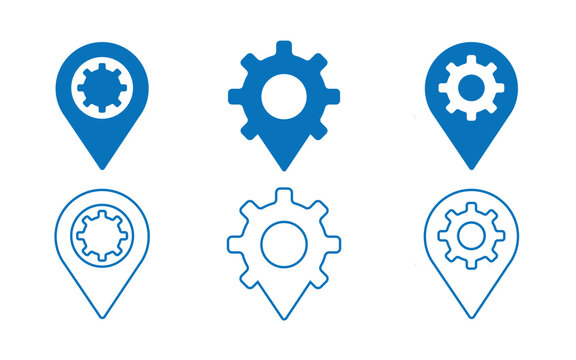 Collection of blue gear icons and location markers on white background