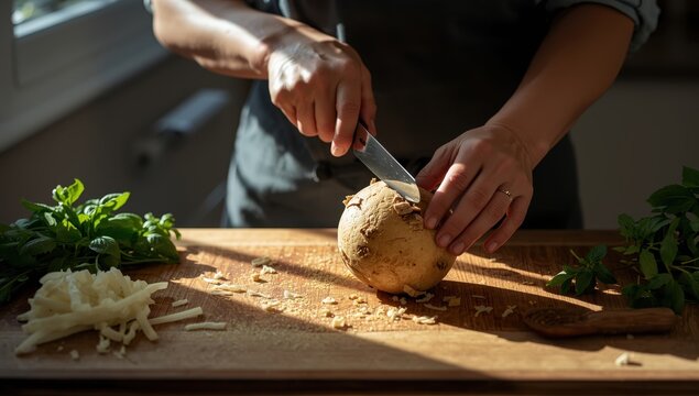 A woman removes the skin from celeriac on a kitchen cutting board. This nutritious vegetable is ideal for recipes, soups, and stews