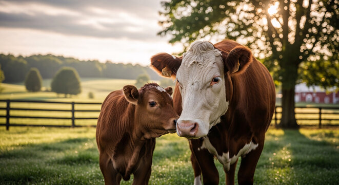 A mother cow and her calf stand together in a sunlit green pasture with a fence and trees in the background.
