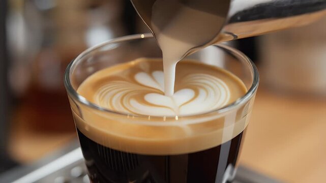 Creamy milk is poured into a dark beverage, creating latte art with a heart shape