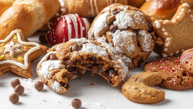 Chocolate chip cookies are popular during Christmas and Eid celebrations on a white background