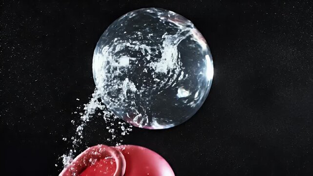 A clear sphere with water splashing from a pink object on a dark background