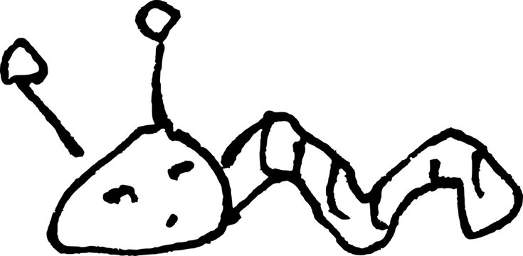 Monochrome simple pen line drawing of an inchworm with a face in doodle style