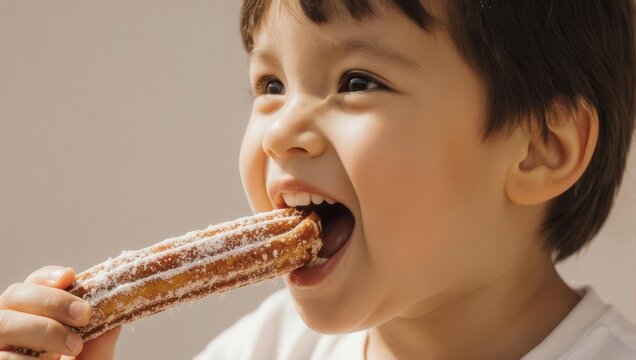 A young child happily bites into a sugary, golden-brown, fried pastry treat outdoors
