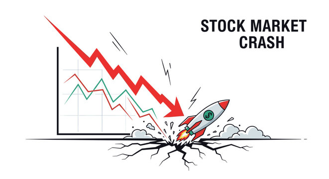 Stock market crash concept featuring a red arrow pointing down and a rocket crashing into the ground representing financial economic failure.