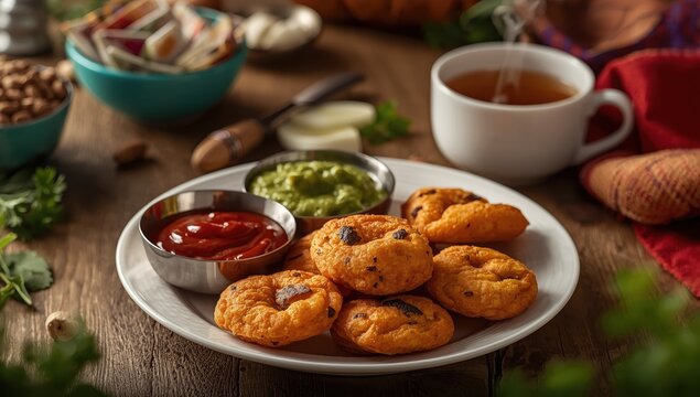 Fafda, a popular Indian snack, accompanied by tomato ketchup, mint chutney, and hot tea, with a selective focus