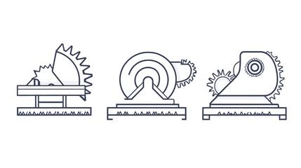 Fototapeta premium Three line-art illustrations of industrial saws on a white background, representing mechanical tools