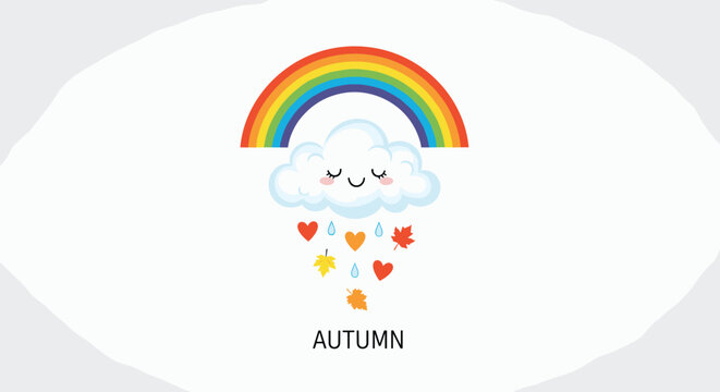 Cute autumn themed illustration featuring a happy cloud under a rainbow raining hearts, water drops, and colorful fall leaves on a white background.