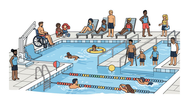 Diverse group of people enjoying a swimming pool together.