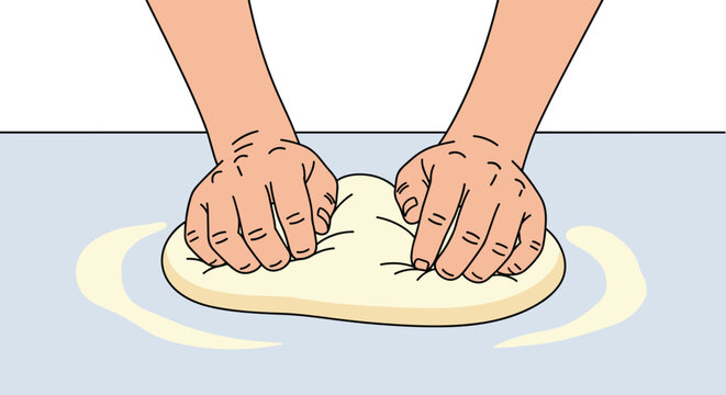 Close up of a persons hands kneading a soft lump of dough on a light blue table representing baking, cooking, or making fresh bread.