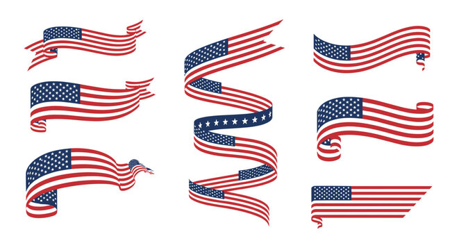 Set of various waving American flag ribbons and banners in the patriotic colors of red, white, and blue for fourth of July decorations.